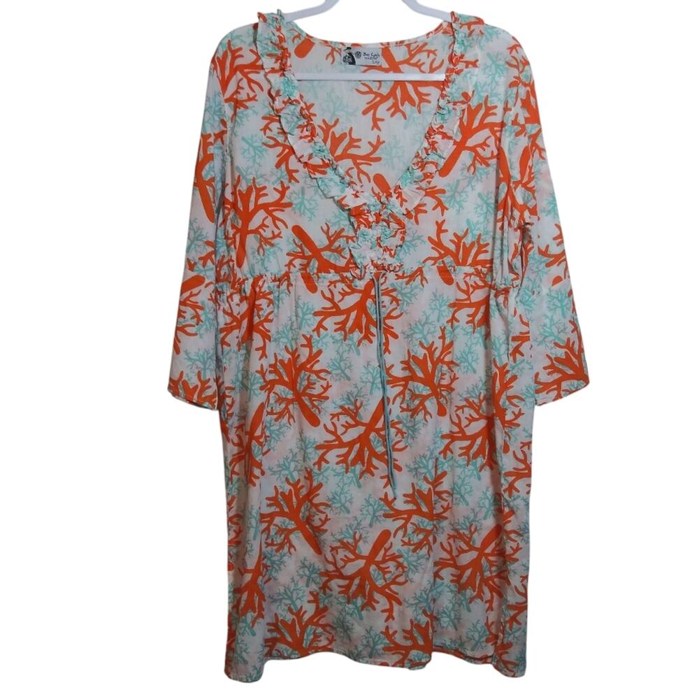 Mudpie Bag Lady Swimsuit Vacation Beach Sheer Coral Print Cover Up Linen Size L